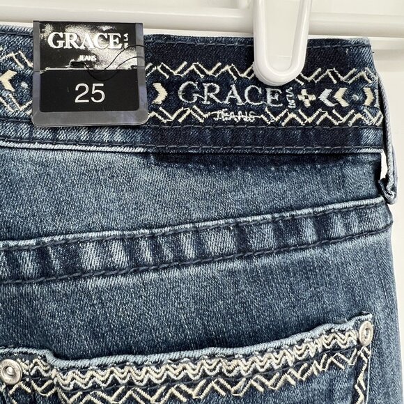 NWT GRACE in LA Women Embroidered Skinny Low Rise Stretch Blue Denim Jeans Sz 25 - Picture 10 of 12